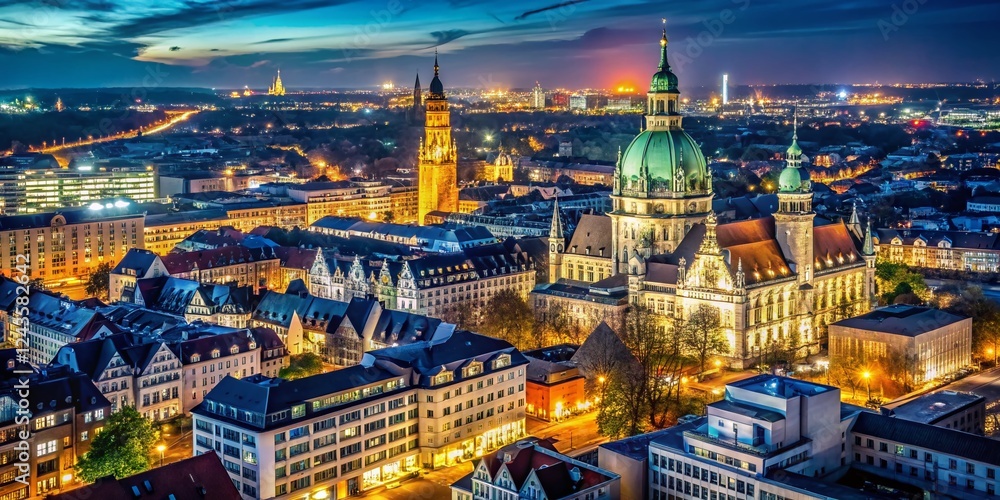 Fototapeta premium Night Photography: Silver White Hannover Cityscape - Illuminated Architecture