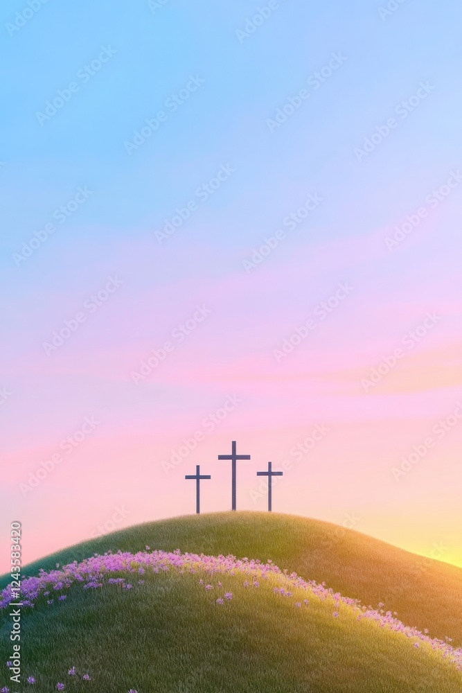 Obraz premium Tranquil scene of three crosses on a grassy hillside at sunrise, with a sky painted in soft pastel colors, symbolizing hope and serenity