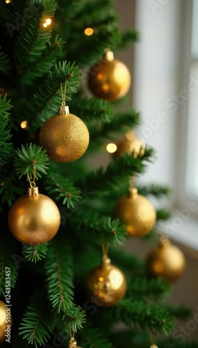 Wallpaper Mural Yellow gold metallic ornaments on a Christmas tree with lush greenery, metallic ornaments, sparkling, Christmas trees Torontodigital.ca