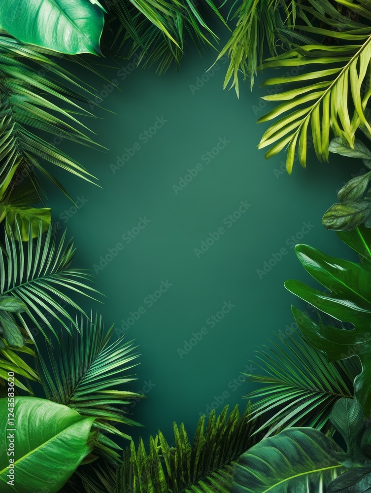 Fototapeta premium Lush Green Tropical Foliage Frame Background