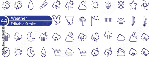Weather web icons set. Weather forecast - simple thin line icons collection. Containing clouds, temperature, sunny day, rain, wind and more.