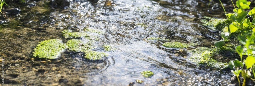 Crystal clear stream flowing over rocks with lush green moss and plants Crystal clear stream flowing over rocks with lush green moss and plants