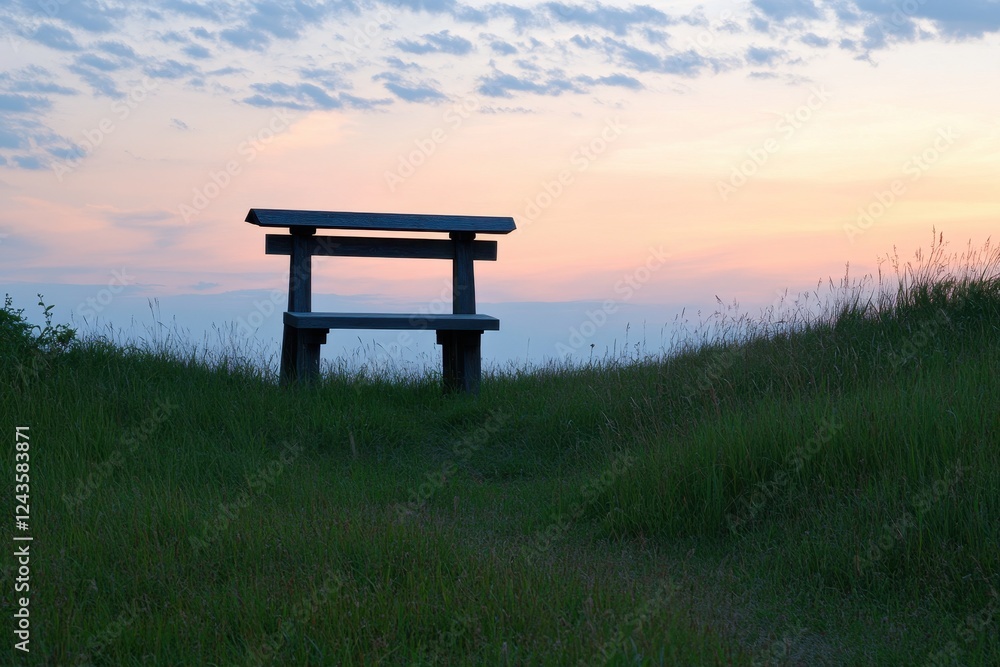 Serene Wooden Bench Overlooking Grassy Hill at Sunset Serene Wooden Bench Overlooking Grassy Hill at Sunset