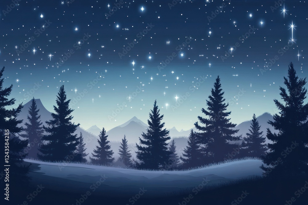 Serene Night Sky Over Majestic Mountains and Evergreen Forest at Twilight with Glittering Stars Serene Night Sky Over Majestic Mountains and Evergreen Forest at Twilight with Glittering Stars