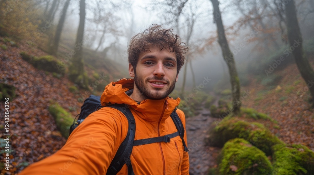 Naklejka premium Young man enjoys a misty forest hike while capturing a memorable selfie among autumn foliage