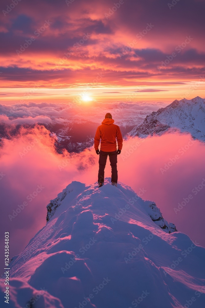 Fototapeta premium Adventurer Standing on Snowy Mountain Peak at Sunrise with Vibrant Pink and Orange Sky and Clouds in a Stunning Winter Landscape