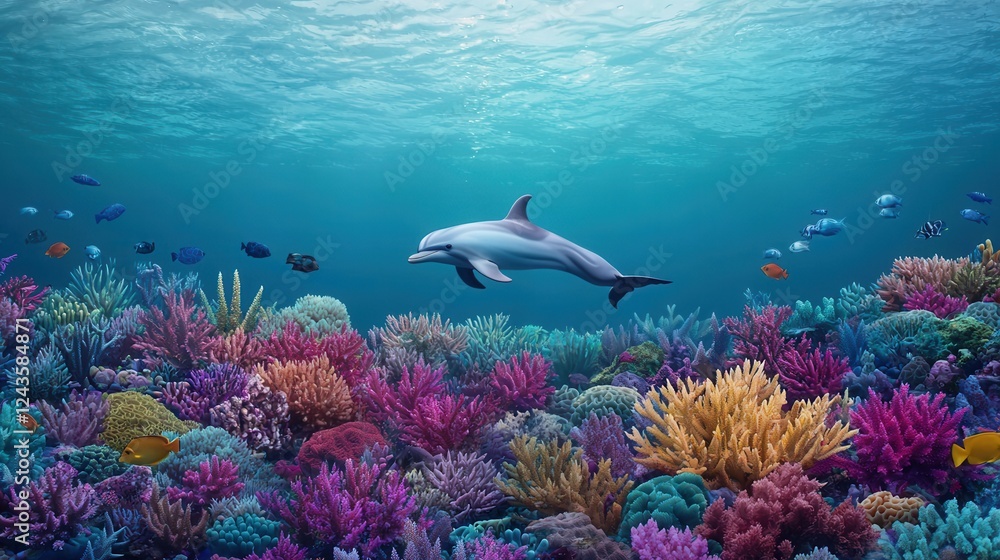 Fototapeta premium Vibrant Coral Reef Scene with Dolphin Swimming in Clear Water