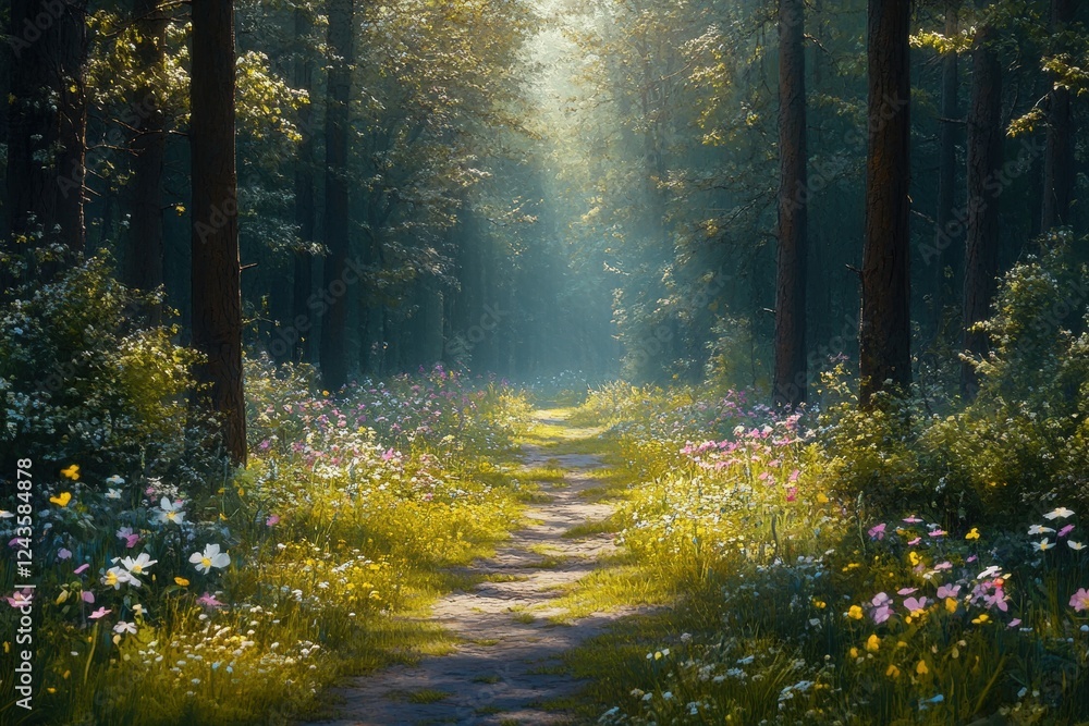 Fototapeta premium Serene Forest Pathway Illuminated by Sunlight with Vibrant Wildflowers and Lush Greenery Creating a Tranquil Nature Scene