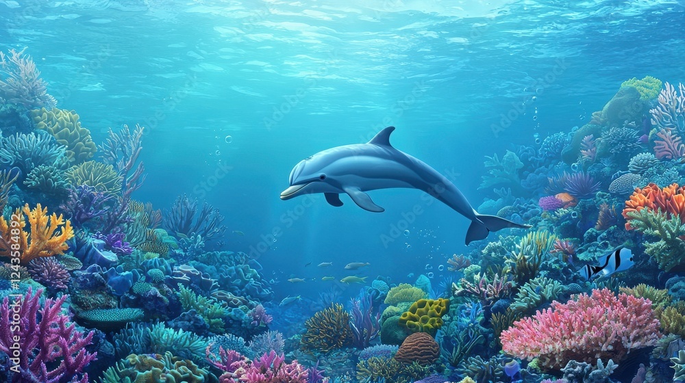 Fototapeta premium Dolphin Swimming Through Colorful Coral Reef Underwater Scene
