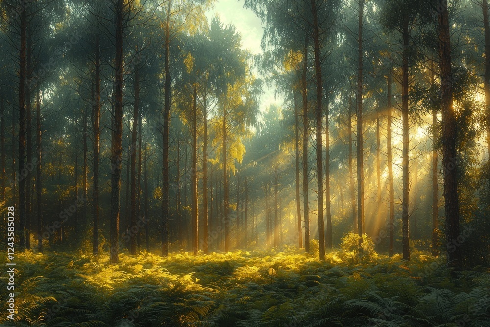 Fototapeta premium Serene forest landscape with sunlight filtering through tall trees, illuminating ferns and creating a tranquil atmosphere