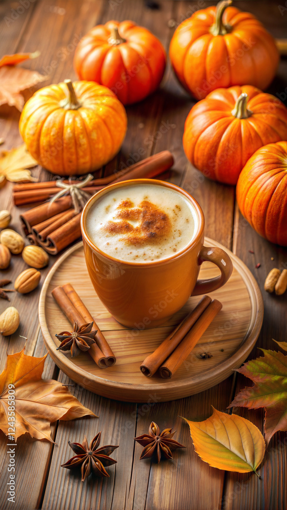 Rustic Pumpkin Spice Latte with Cinnamon and Mini Pumpkins on a Wooden Table Rustic Pumpkin Spice Latte with Cinnamon and Mini Pumpkins on a Wooden Table