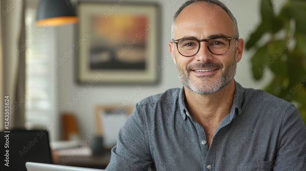 Man with glasses and beard smiling at the camera in a casual setting indoors Man with glasses and beard smiling at the camera in a casual setting indoors