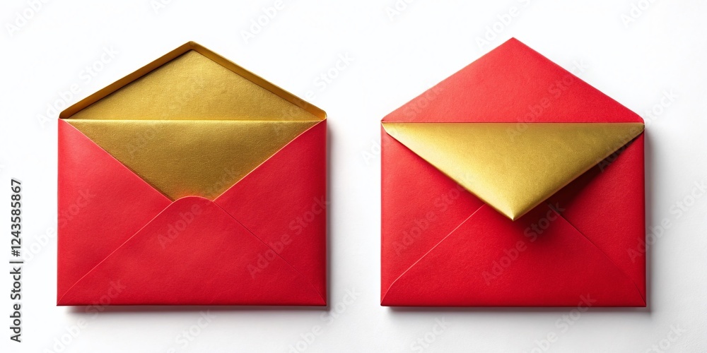 Overhead View: Open & Closed Red Envelope, Gold Lame Interior, Architectural Photography Style Overhead View: Open & Closed Red Envelope, Gold Lame Interior, Architectural Photography Style