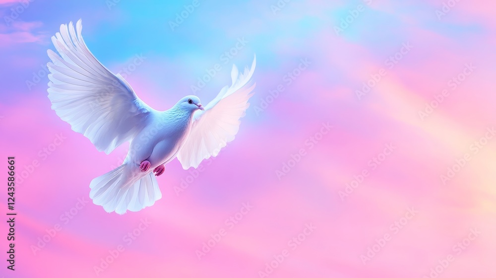 Obraz premium Graceful White Dove in Flight - A symbol of peace, hope, freedom, purity, and spirit, this image showcases a white dove soaring gracefully against a pastel sky.