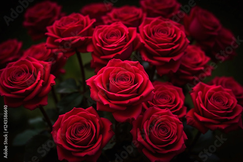 dense cluster of red roses with detailed petals and green contrast