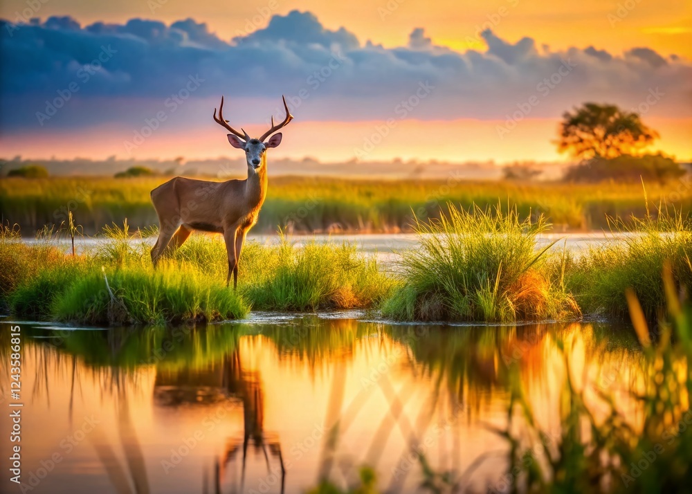 Naklejka premium Panoramic Brazilian Pantanal: Majestic Veado in its Natural Habitat