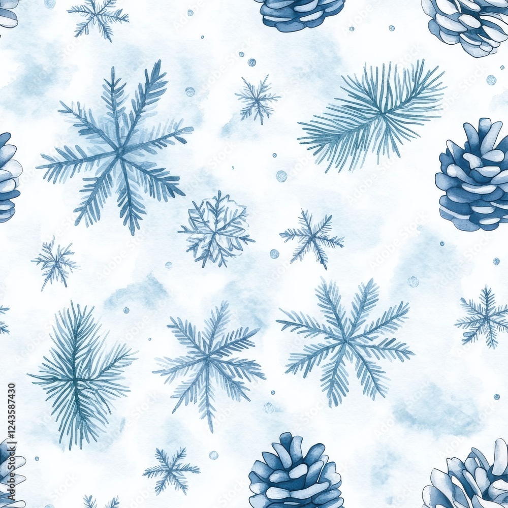 Serene watercolor doodle of snowflakes and pinecones in a calm winter landscape Serene watercolor doodle of snowflakes and pinecones in a calm winter landscape