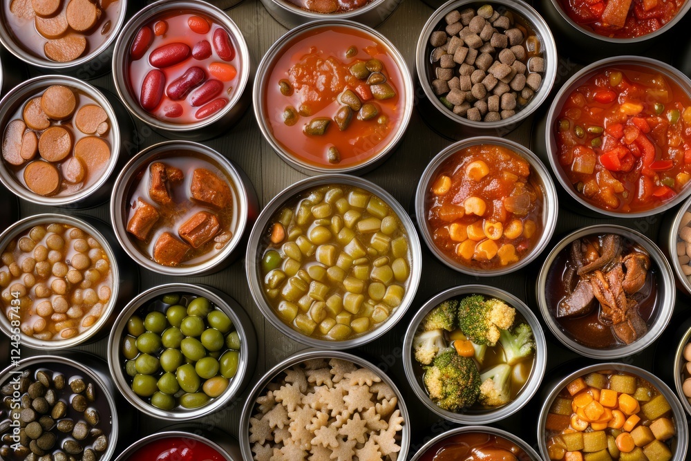 Overhead view of open metal cans containing diverse preserved food, offering a glimpse into pantry staples and emergency preparedness Overhead view of open metal cans containing diverse preserved food, offering a glimpse into pantry staples and emergency preparedness