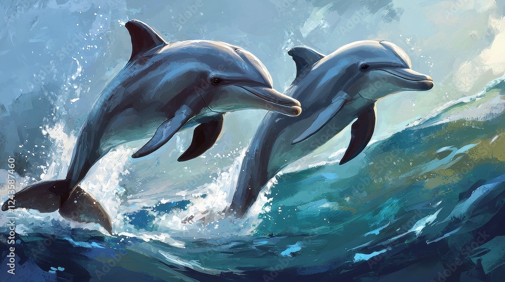 Obraz premium Two Dolphins Jumping Playfully Over Ocean Waves in Bright Blue Sea