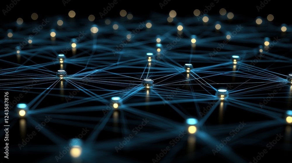 Fototapeta premium 3D abstract network background with dynamic glowing lines, interconnecting nodes, and futuristic elements, ideal for illustrating digital networks, cloud computing, and virtual communication.