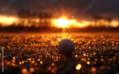 Golden Hour Golf: A lone golf ball rests on the dew-kissed green, bathed in the warm glow of a setting sun, rain softly falling. photo