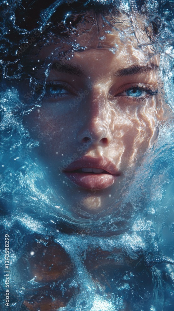 Serene portrait of a woman's glowing face under water with reflections at a tranquil moment Serene portrait of a woman's glowing face under water with reflections at a tranquil moment