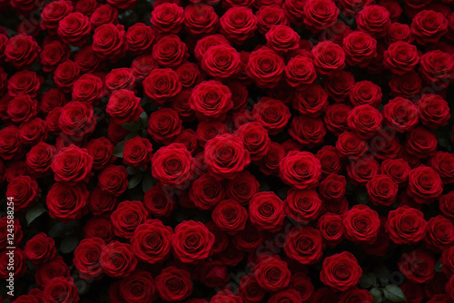 dense lush carpet of red roses in various bloom on dark green bg