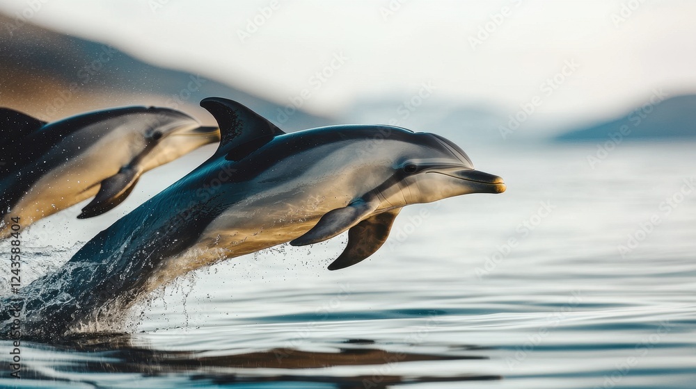 Two Dolphins Leaping Gracefully Over Calm Ocean Waters at Sunrise Two Dolphins Leaping Gracefully Over Calm Ocean Waters at Sunrise