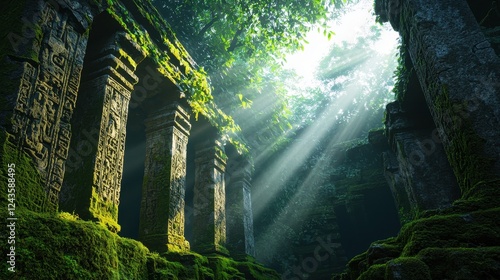 Ancient Ruins Surrounded by Lush Greenery and Sunlight Beams photo