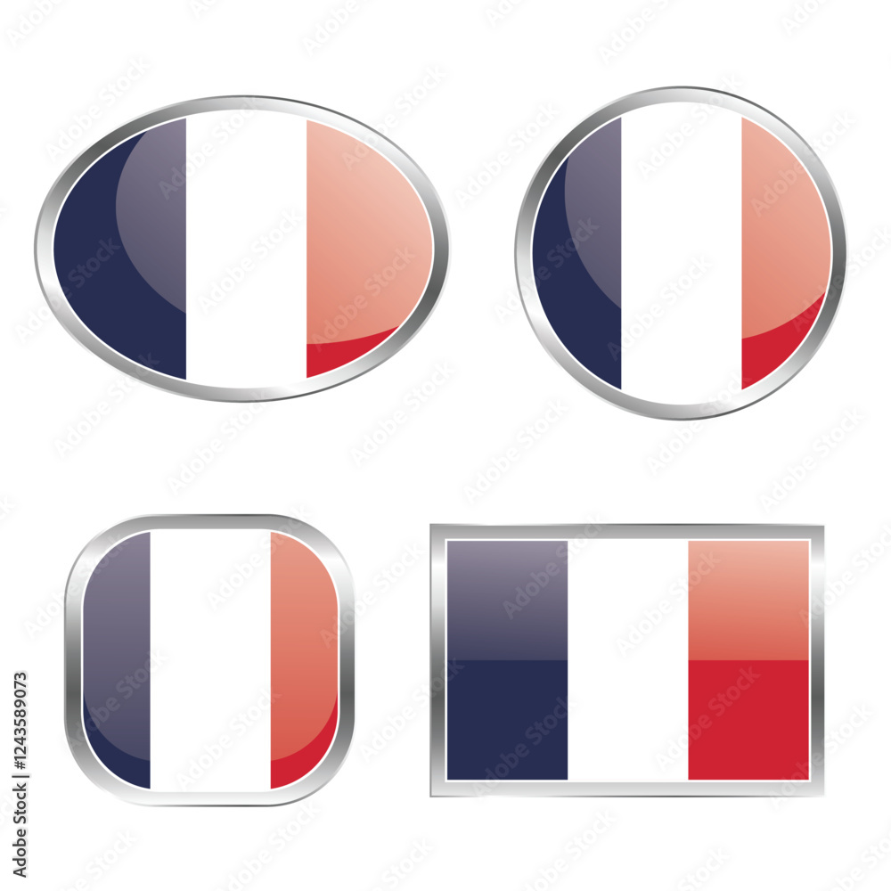 A collection of glossy buttons featuring the French flag in various shapes. A collection of glossy buttons featuring the French flag in various shapes.