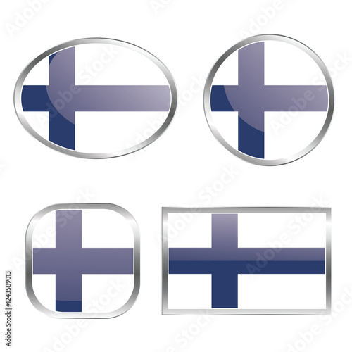 A collection of Finnish flags in various shapes and styles.