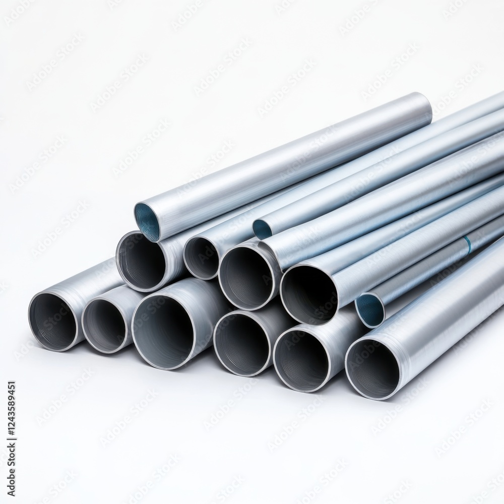 Fototapeta premium Stack of Silver Metal Pipes in Various Sizes Arranged Neatly on a White Background for Industrial Use