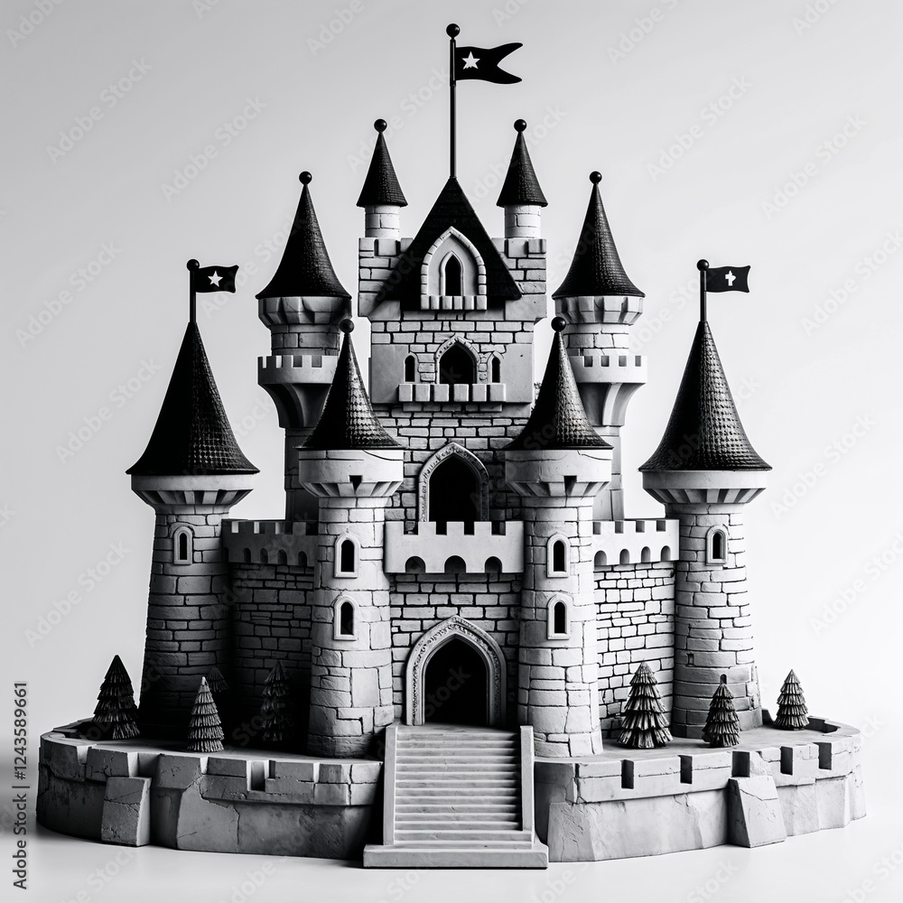 Obraz premium A toy castle black and white on plain white background