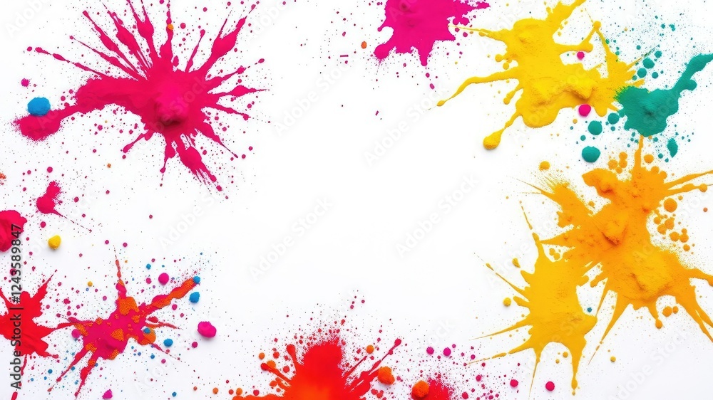 Obraz premium Vibrant and colorful holi powder spread on a pristine white background, vibrant, holi