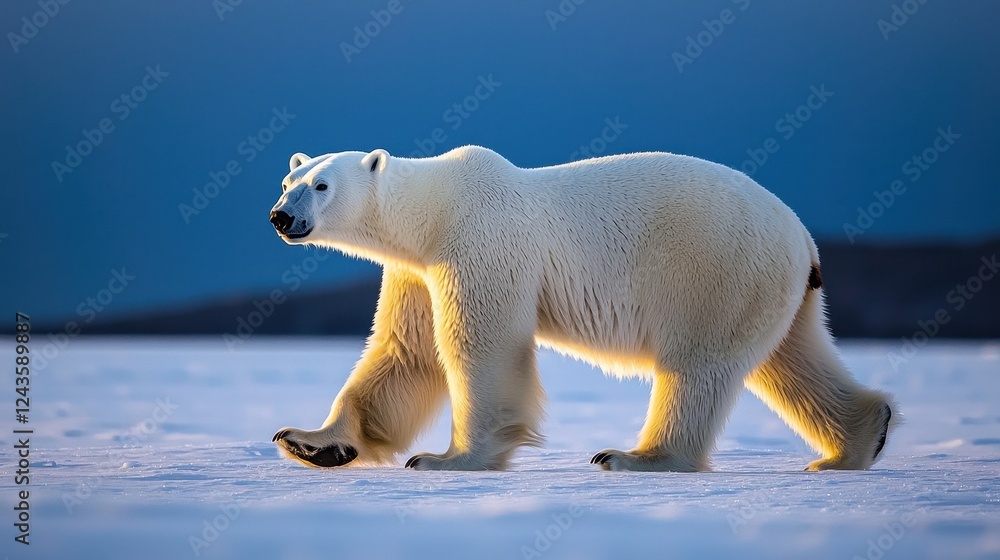 Majestic Polar Bear Walking on Snowy Landscape at Sunset Majestic Polar Bear Walking on Snowy Landscape at Sunset