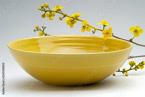 Yellow bowl containing water with ochna serrulata branch adding a touch of nature photo