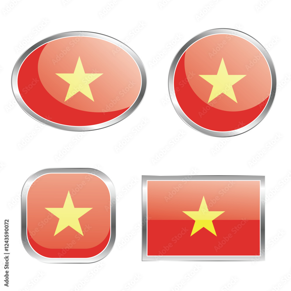 A collection of glossy buttons featuring a red background with a yellow star. A collection of glossy buttons featuring a red background with a yellow star.