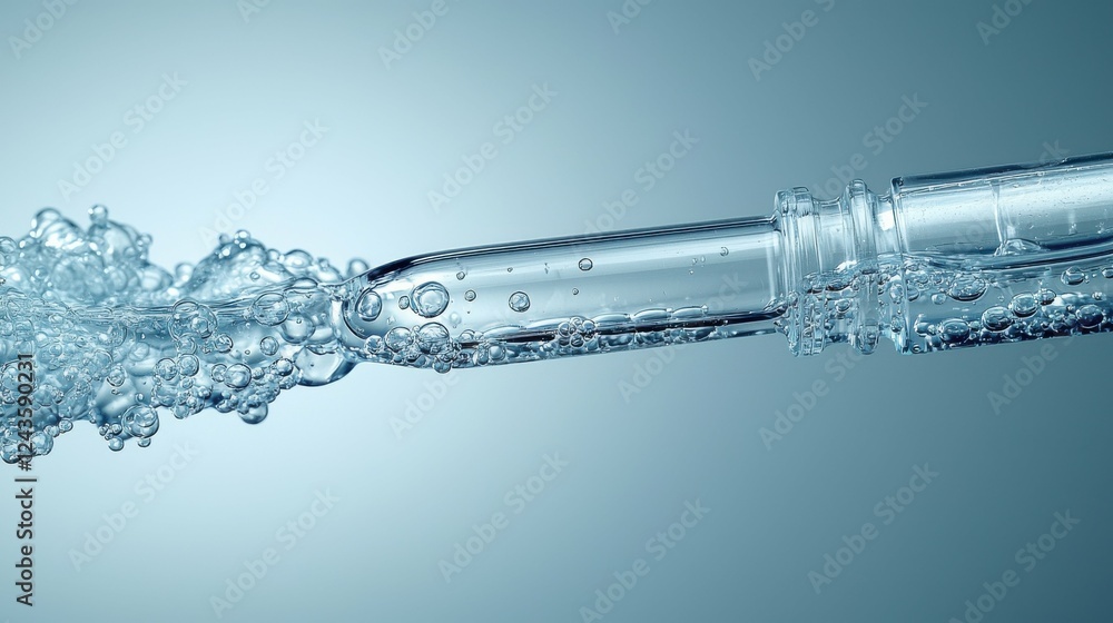 A close-up shot of a pipette filled with face serum or essential oil, with oxygen bubbles in the liquid, set against a smooth grey background, emphasizing the beauty and skincare concept. A close-up shot of a pipette filled with face serum or essential oil, with oxygen bubbles in the liquid, set against a smooth grey background, emphasizing the beauty and skincare concept.