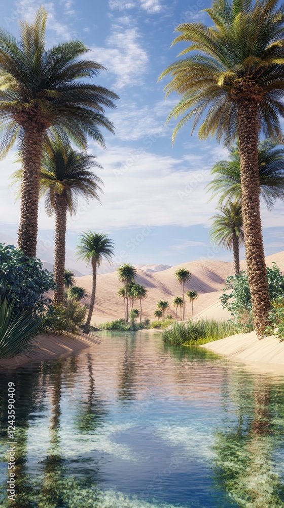 Obraz premium Oasis with palm trees and clear water in desert phone background