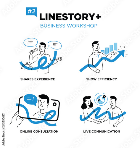 Set of illustrations people are holding a workshop. Workflow, growth, graphics. Business development, milestones, start-up. linear illustration Icons infographics. Landing page site print poster. Line