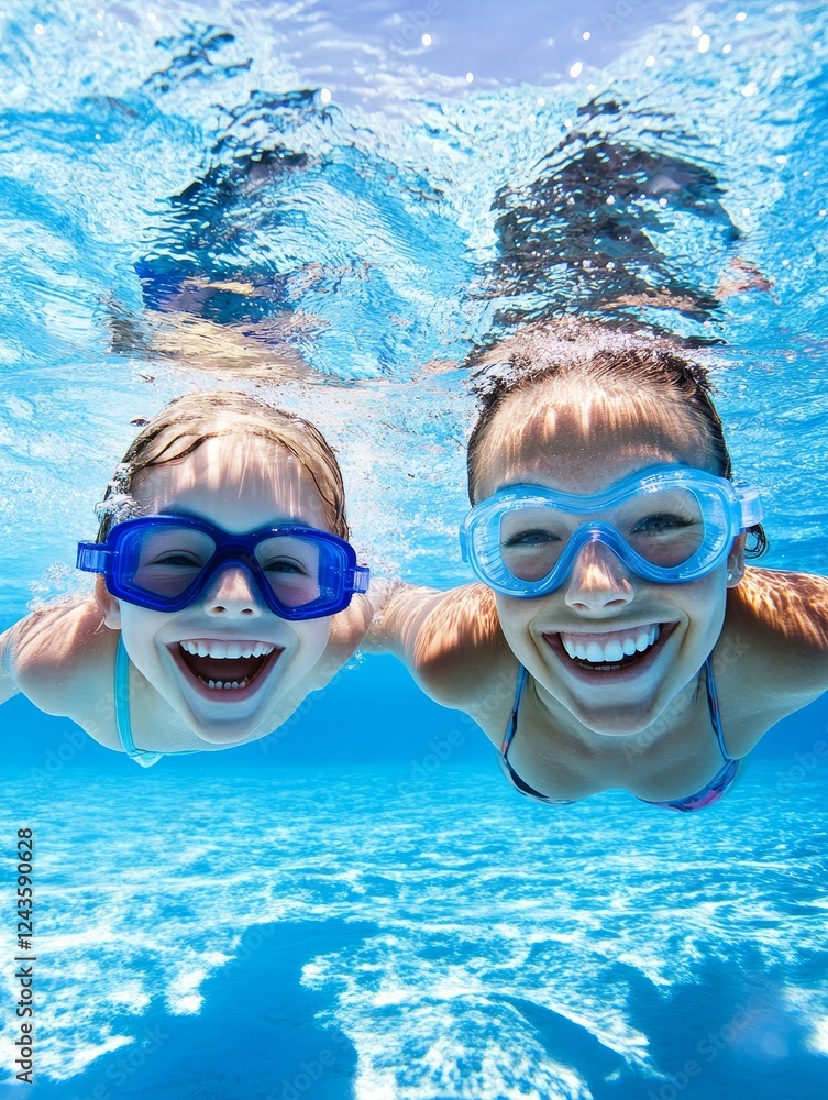 Fototapeta premium Happy Kids Underwater Swimming Fun - Two cheerful children with goggles swim underwater, smiling happily. Perfect for summer, family, and recreation themes.