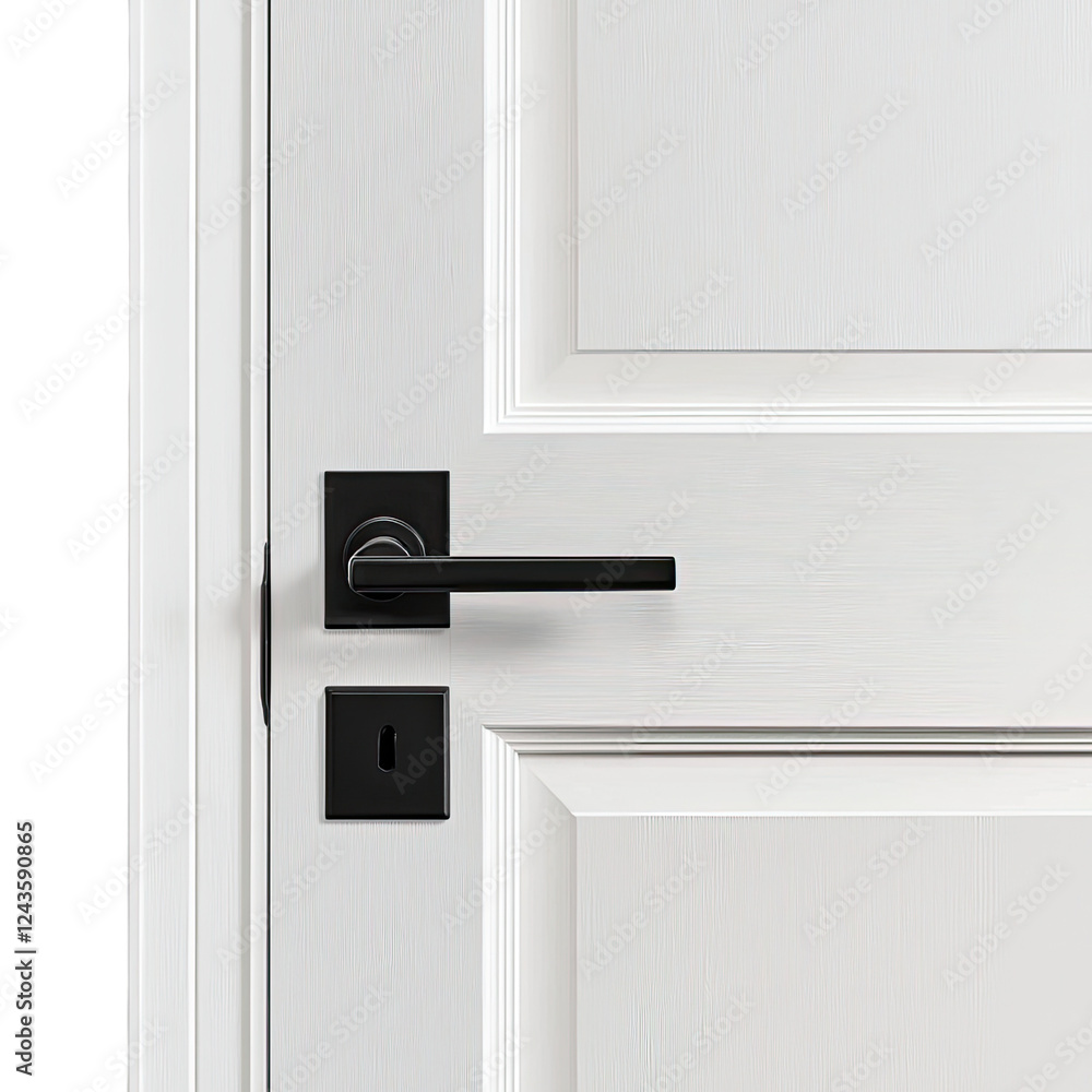 Modern door handle on white door, featuring sleek black design and square plate, perfect for contemporary interiors Modern door handle on white door, featuring sleek black design and square plate, perfect for contemporary interiors