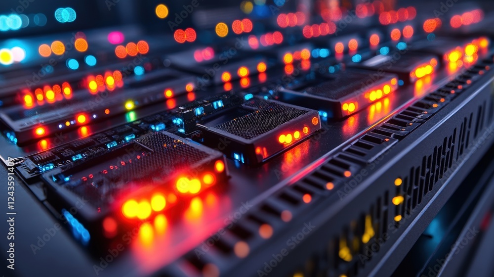 Close-up of illuminated server components in a data center showcasing vibrant LED activity Close-up of illuminated server components in a data center showcasing vibrant LED activity