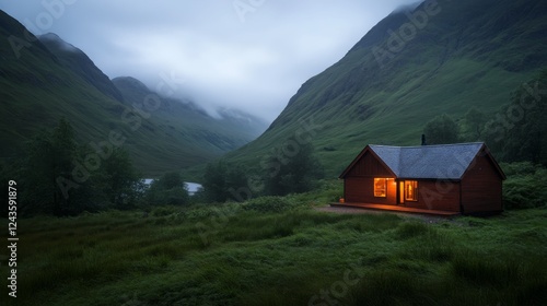 An old cottage and mill are beautifully positioned in a lush green forest, with towering mountains looming in the background and soft twilight lighting the scene photo