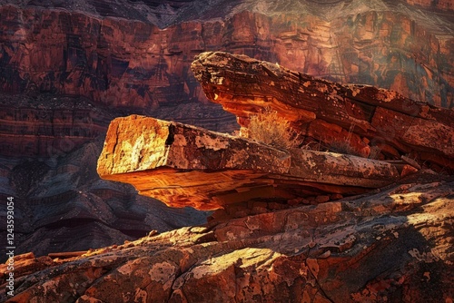 Majestic canyon rock formation illuminated by golden sunlight photo