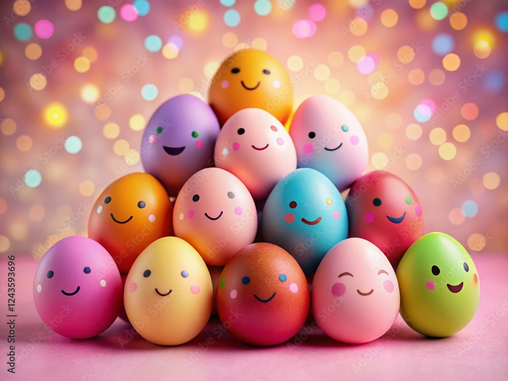 Pastel Pink Easter Egg Pyramid, Smiling Decorated Eggs, Spring Festive Background Pastel Pink Easter Egg Pyramid, Smiling Decorated Eggs, Spring Festive Background