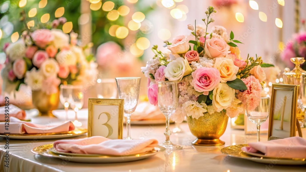 Pastel Pink Wedding Table Setting with Gold Table Number - Double Exposure Photography Pastel Pink Wedding Table Setting with Gold Table Number - Double Exposure Photography