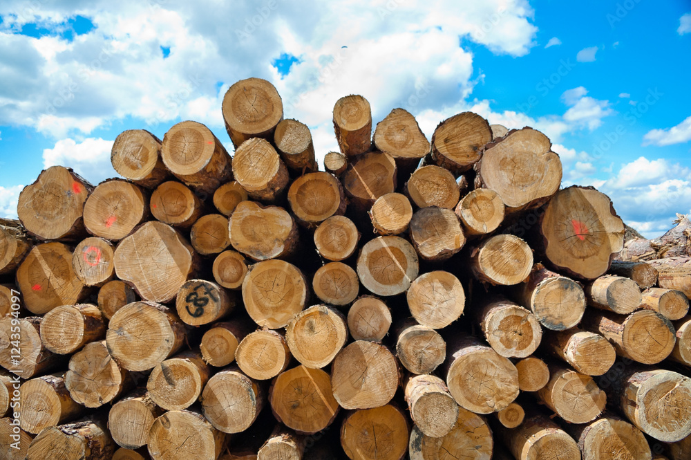 The photo shows round logs stacked against a blue sky The photo shows round logs stacked against a blue sky