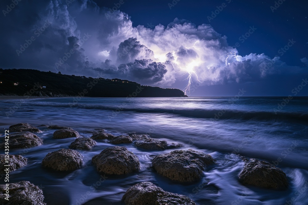 Obraz premium Nighttime Lightning Strike Over Calm Ocean Waves and Rocky Shoreline Under Dramatic Cloudscape