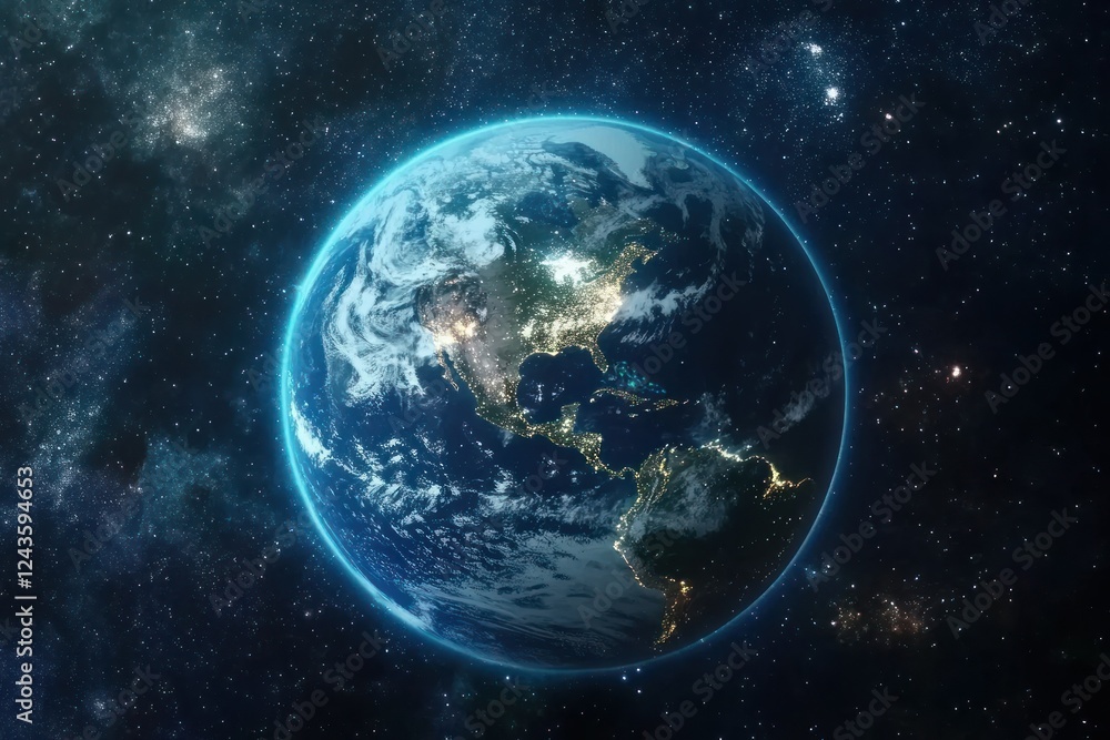 Fototapeta premium Stunning View of Earth from Space with Bright City Lights and Cosmic Background at Night